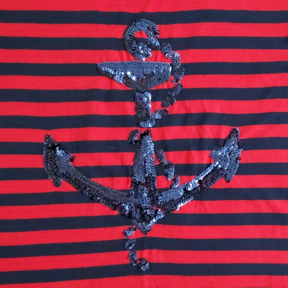DKNY blue and  red striped short sleeve top sequin anchor sz. Sml - Picture 3 of 6